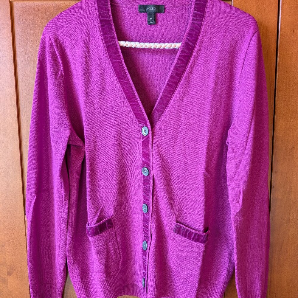 J Crew Merino Wool Cardigan with Velvet Trim